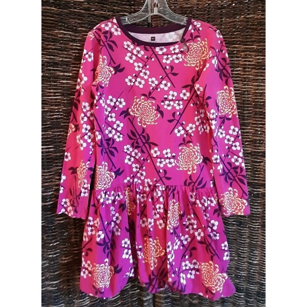 Tea Bubble Hem Drop Waist Long Sleeve Floral Print Dress Girl's 12 Pink Keyhole